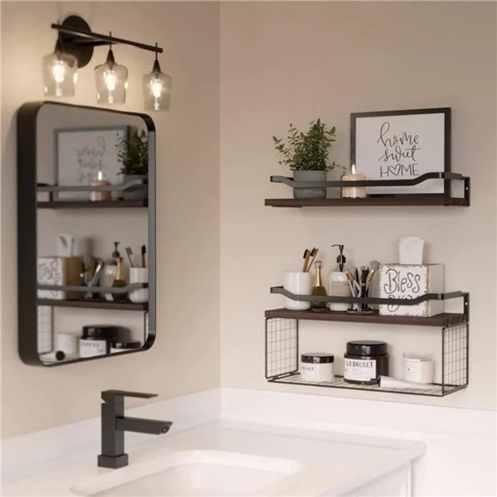 Floating Shelves with Wire Storage Basket Bathroom Shelves Over Toilet